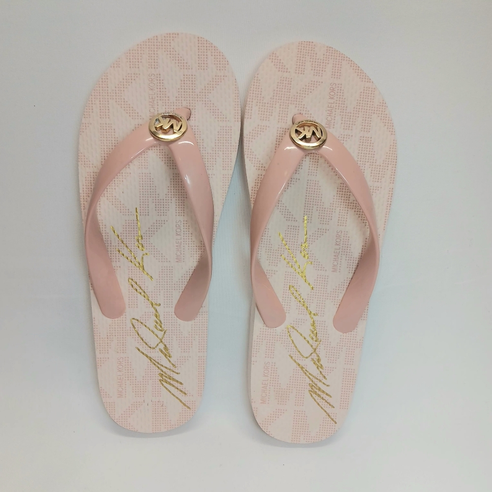 Michael Kors Size 6 Jet Set Signature Flip Flops Pink/White/Gold Logo NWOT - Picture 9 of 11